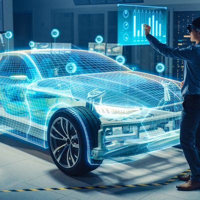Automotive Engineer Using Virtual Reality Headset for Virtual Electric Car 3D Model Design Analysis and Improvement. 3D Graphics Visualization Shows Fully Developed Vehicle Prototype Analysed, Optimized