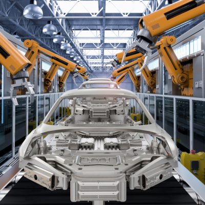 3d rendering robot assembly line in car factory