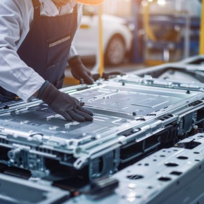 Chinese engineer developing electric vehicle battery modules in ev manufacturing plant