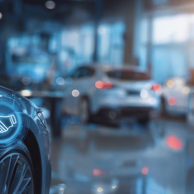 Futuristic car dealership with digital icons representing auto insurance, contracts, and data protection, highlighting smart technology and modern vehicle service solutions.
