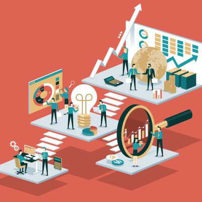 Flat isometric design of data analysis and technology concept.