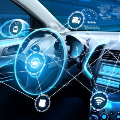 Driverless car interior with futuristic dashboard for autonomous control system . Inside view of cockpit HUD technology using AI artificial intelligence sensor to drive car without people driver .
